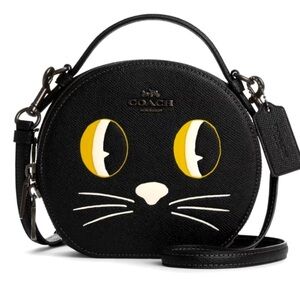 Coach Black Leather Cat Motif Round Crossbody with Yellow Eye Accents